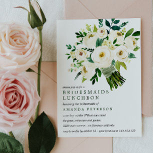 White Bloom Bouquet Bridesmaids Luncheon Wedding Invitation