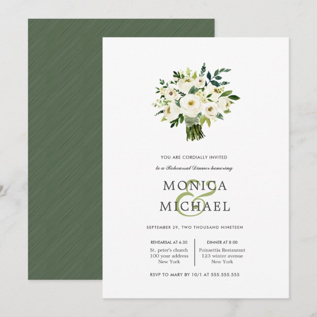 White Bloom | Bouquet Wedding  Rehearsal Dinner Invitation (Front/Back)