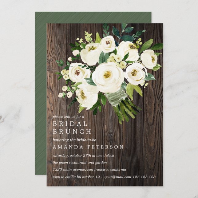White Bloom Wood Bouquet Wedding Bridal Brunch Invitation (Front/Back)