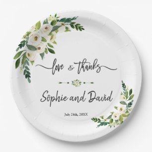 White Blooming Floral Handwriting Love and Thanks Paper Plate
