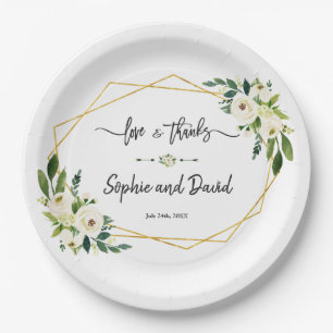 White Blooming Floral Handwriting Love and Thanks Paper Plate