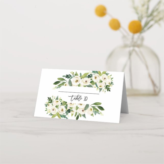 White Blooming Floral Handwriting Table Number Place Card (Front)