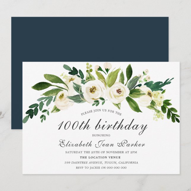 White Blooming Flower 100th Birthday Party Invite (Front/Back)
