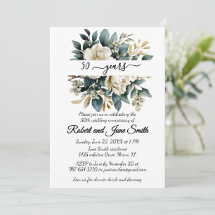 White blooming flower 50th wedding anniversary invitation