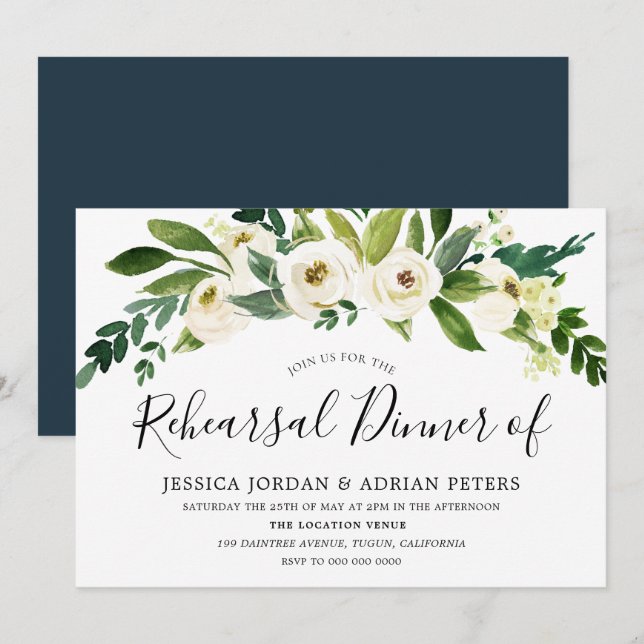 White Blooming Flowers Rehearsal Dinner Invitation (Front/Back)