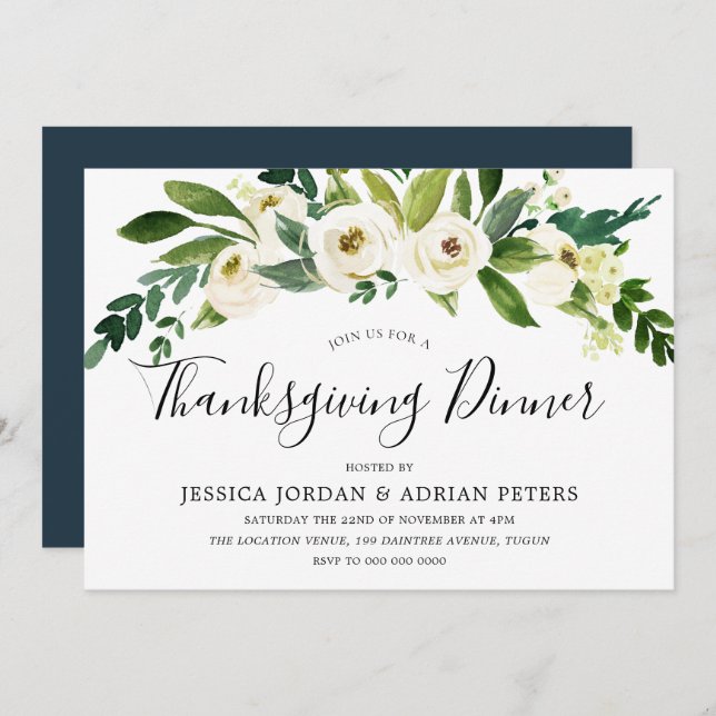 White Blooming Flowers Thanksgiving Dinner Invitation (Front/Back)
