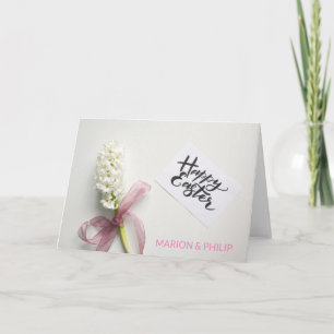 White Blossom And Pink Ribbon-Happy Easter Holiday Card