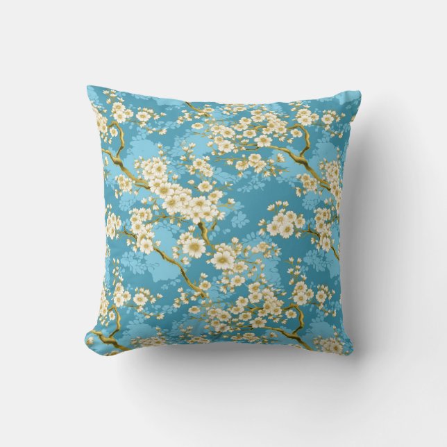 White Blossom Chiyogami Throw Pillow (Front)