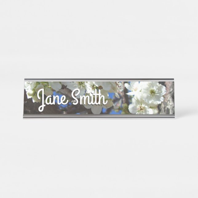 White Blossom Clusters Spring Flowering Pear Tree Desk Name Plate (Front)