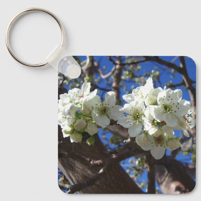 White Blossom Clusters Spring Flowering Pear Tree Keychain (Front)