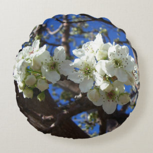White Blossom Clusters Spring Flowering Pear Tree Round Pillow