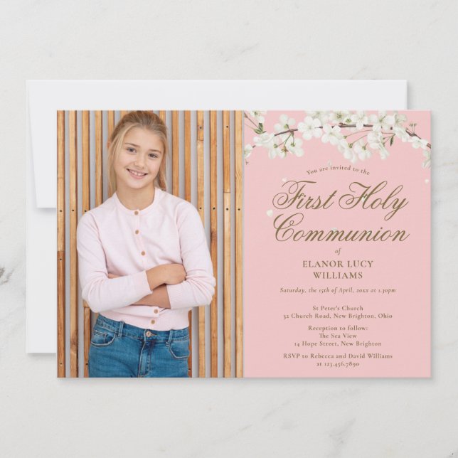 White Blossom First Holy Communion Pink Photo Invitation (Front)