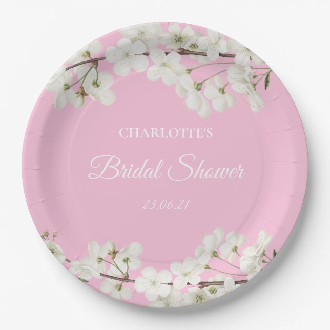 White Blossom Floral Bridal Shower Paper Plate (Front)