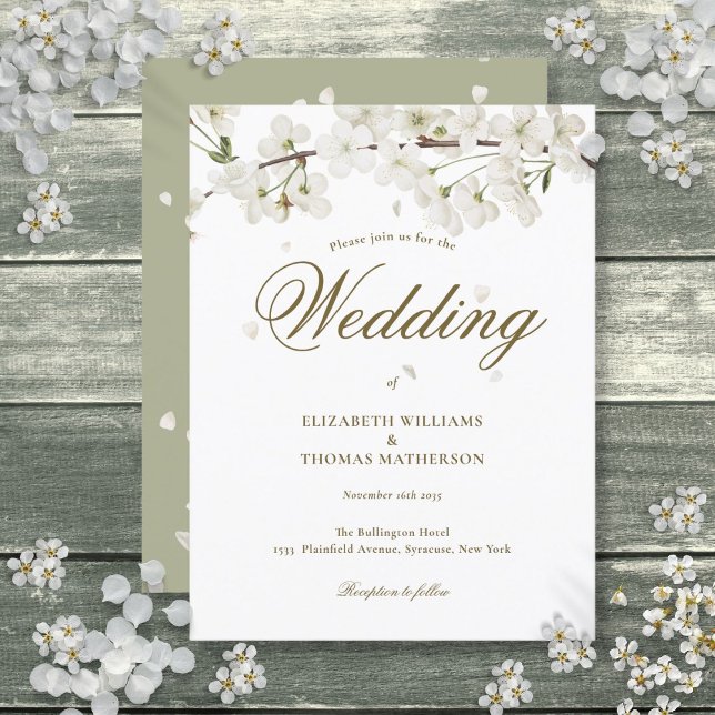 White Blossom Floral Gold Script Wedding  Invitation Postcard (White Blossom Floral Gold Script Wedding Invitation Postcard)