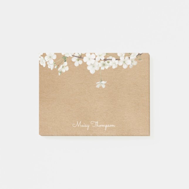 White Blossom Floral Rustic Kraft Monogram Name Post-it Notes (Front)