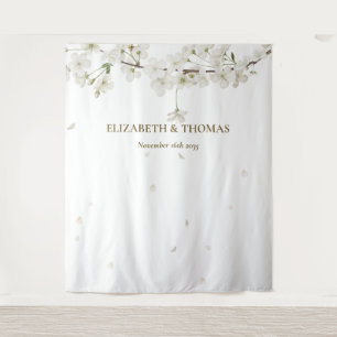 White Blossom Floral Wedding Photo Booth Backdrop Tapestry