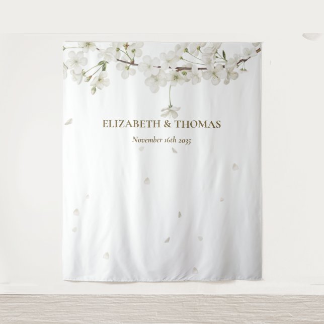 White Blossom Floral Wedding Photo Booth Backdrop Tapestry (Front)