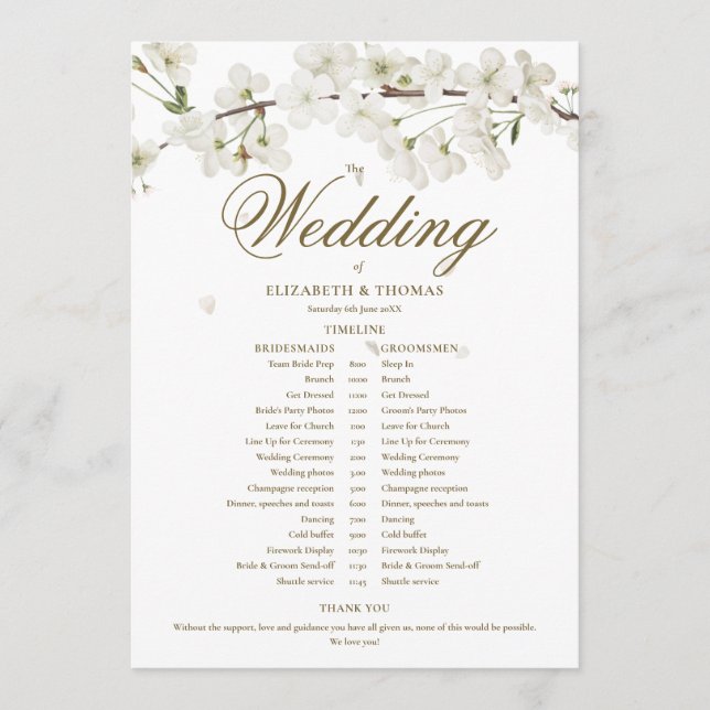 White Blossom Floral Wedding Schedule Timeline Program (Front)