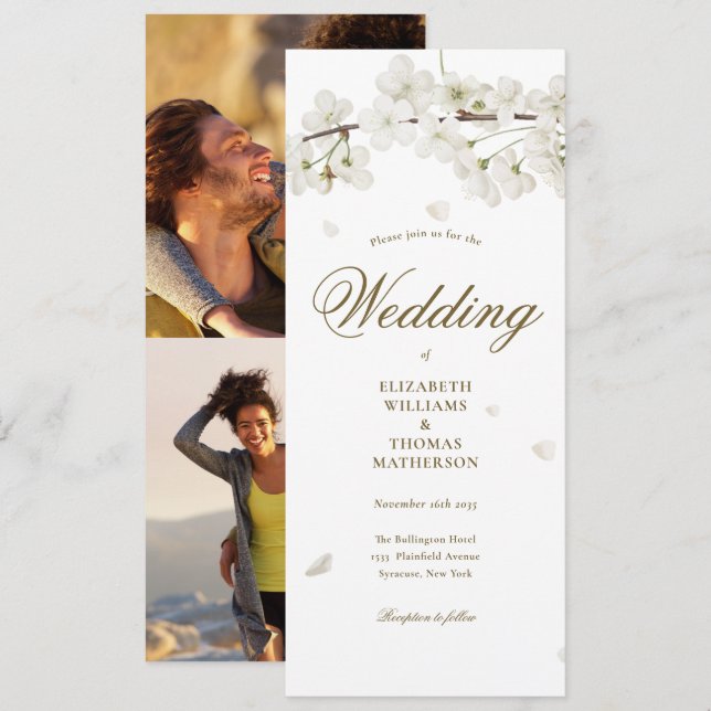 White Blossom Gold Script 2 Photo Wedding Invitation (Front/Back)