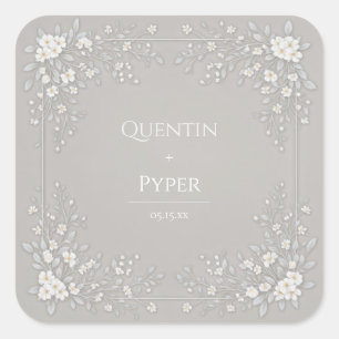 White Blossom Muted Taupe Minimalist Frame Wedding Square Sticker