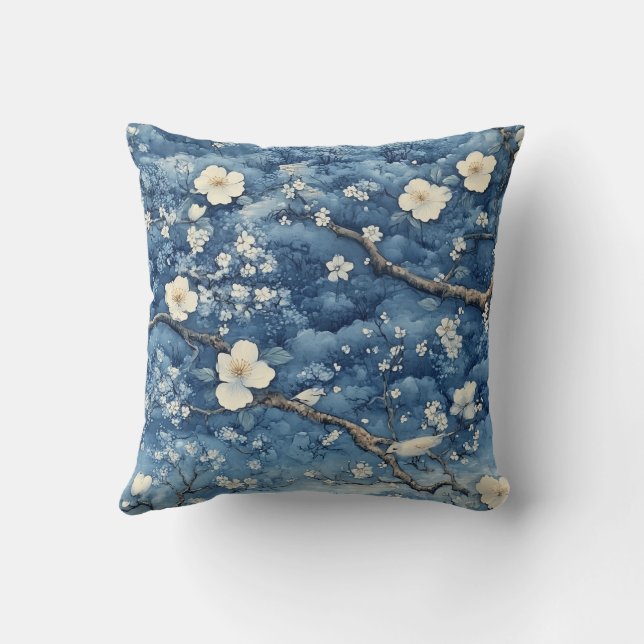 White Blossom on Blue Throw Pillow (Back)