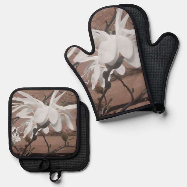 White Blossom Oven Mitt & Pot Holder Set (Front/Back)
