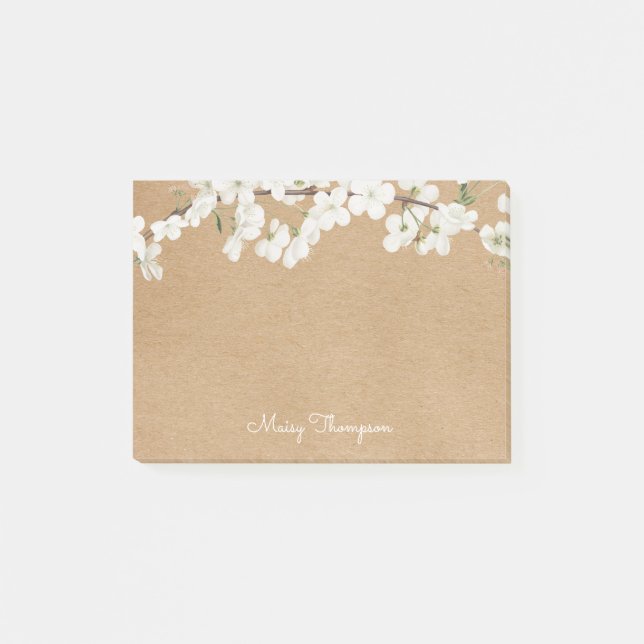 White Blossom Rustic Kraft Script Name Post-it Notes (Front)