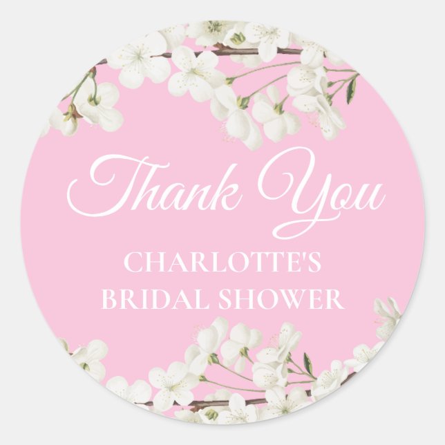 White Blossom Thank You Bridal Shower Classic Round Sticker (Front)