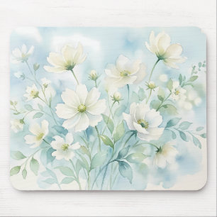 White Blossom Watercolor Garden Mouse Pad