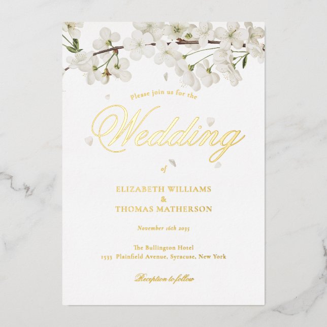 White Blossom Wedding Elegant Script Gold (Front)