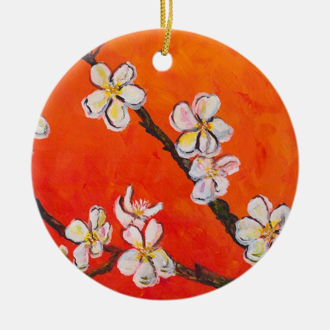 White Blossoming Branch Ceramic Ornament (Front)