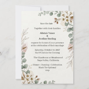 White Blossoms, Eucalyptus Foliage, Botanical Line Invitation