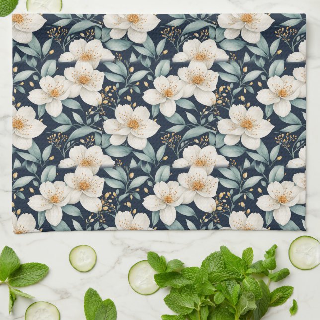 White Blossoms Kitchen Towel (Folded)