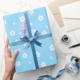 White Blossoms on Baby Blue Pattern Wrapping Paper