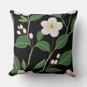 White Blossoms on Black Background Throw Pillow