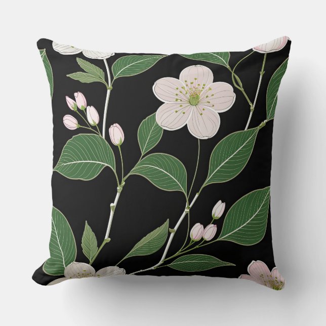 White Blossoms on Black Background Throw Pillow (Front)