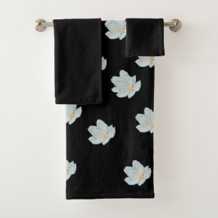 White Blossoms On Black  Bath Towel Set