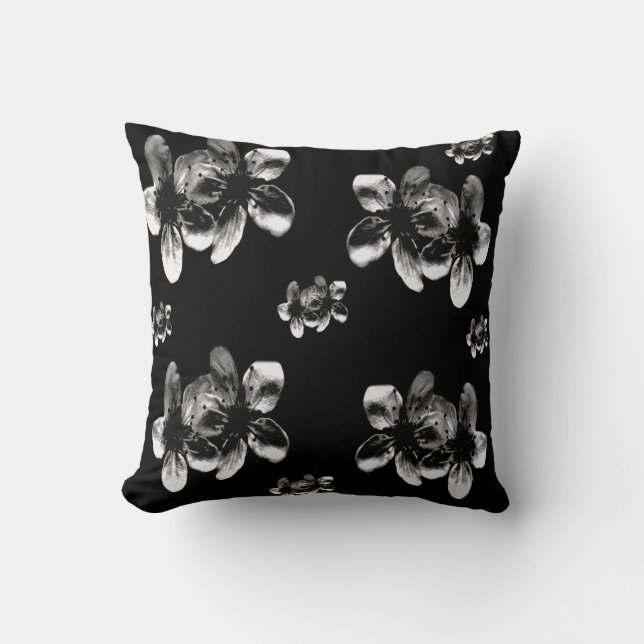 White Blossoms On Black, Throw Pillow (Front)