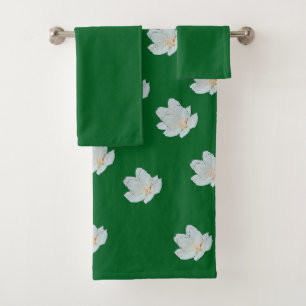 White Blossoms On Forest Green Bath Towel Set