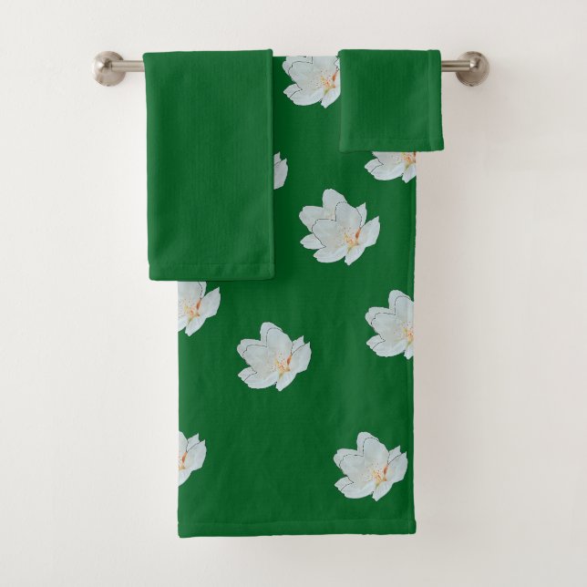 White Blossoms On Forest Green   Bath Towel Set (Insitu)