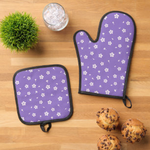 White Blossoms on Purple Oven Mitt & Pot Holder Set