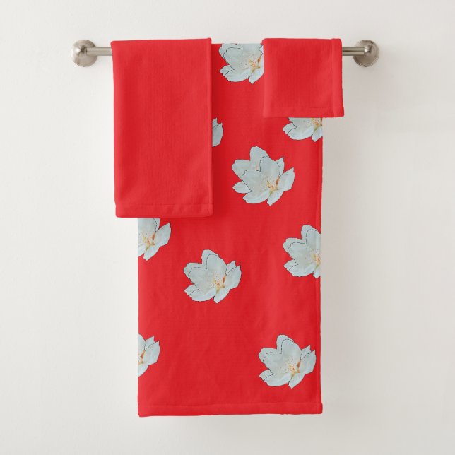 White Blossoms On Red   Bath Towel Set (Insitu)