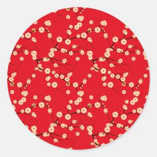 White Blossoms on Red Classic Round Sticker