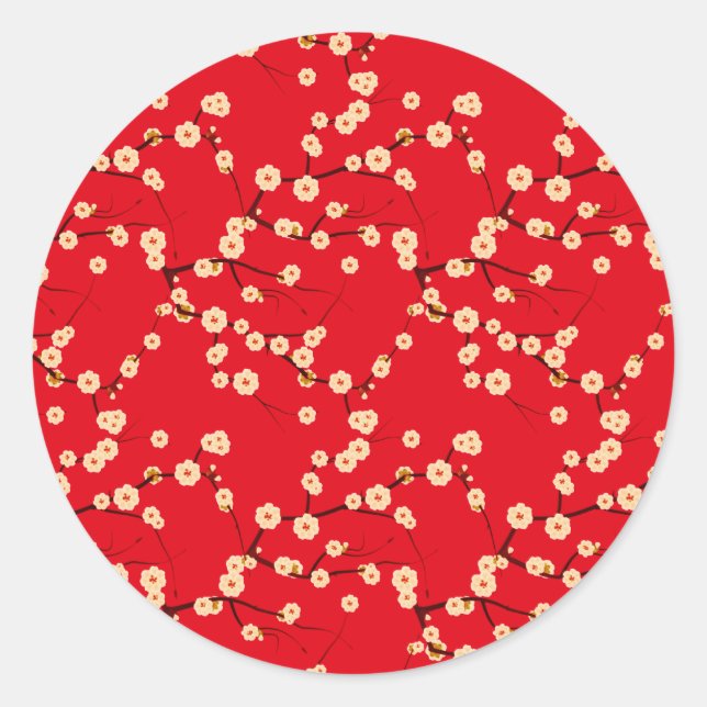 White Blossoms on Red Classic Round Sticker (Front)