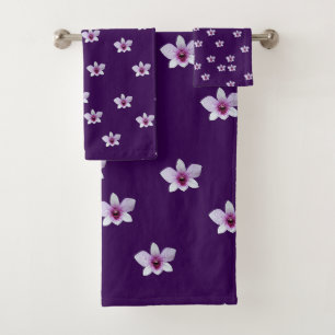 White Blossoms Purple  Bath Towel Set