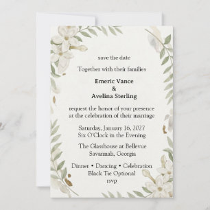 White Blossoms, Watercolor Foliage, Botanical Line Invitation