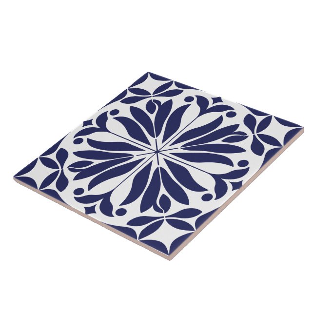 White &blue Abstract floral geometric  Tile (Side)