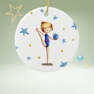White, blue and black rhythmic gymnast with ball ceramic ornament