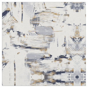 White Blue and Gold Brush Painting Fabric