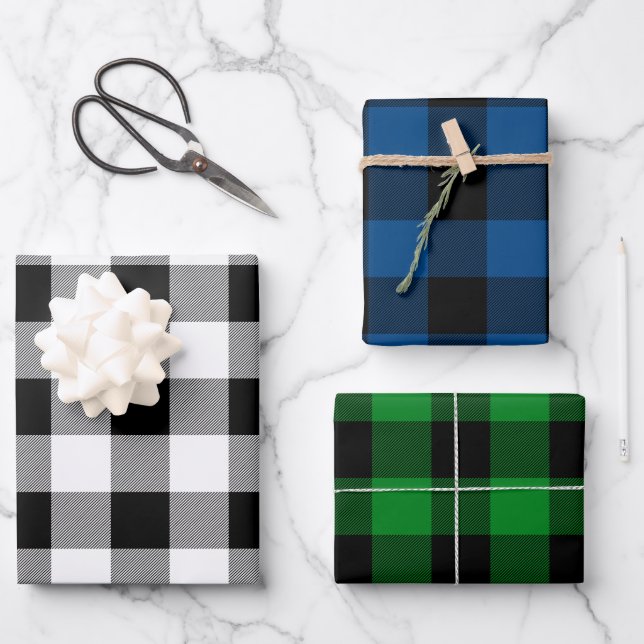 White Blue And Green Buffalo Plaid Canadiana Wrapping Paper Sheet (Front)